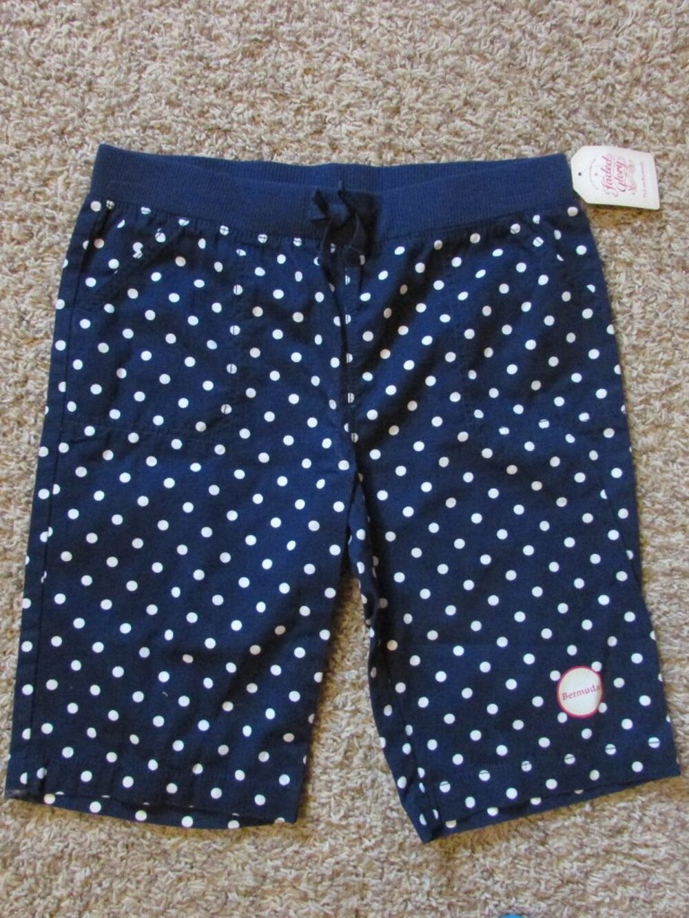 NWT Faded Glory Girl XL 14/16 Navy Blue White Dot Pull On Bermuda Shorts Pockets